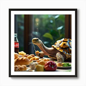 Tortoise Eating Greedily All The Delicious Food And Drinks (3) Art Print