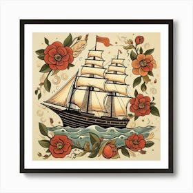 Sailing Ship With Flowers Art Print
