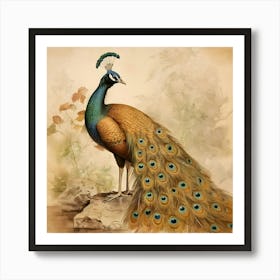 Peacock Peafowl Vintage Sepia Feathers Nature Animal Bird Art Print