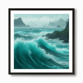 Teal Raging Ocean Art Print