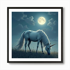 A Majestic Unicorn With A Flowing Mane, Grazing In A Moonlit Meadow 1 Art Print