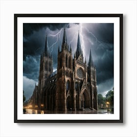 Gothic Cathedral In A Thunderstorm Art Print