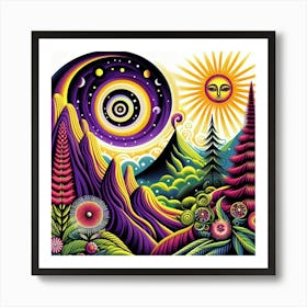 Mountain With Spiral Moon Sun Bottlebrush Tree Art Print