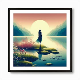 Girl Standing By The Lake Art Print