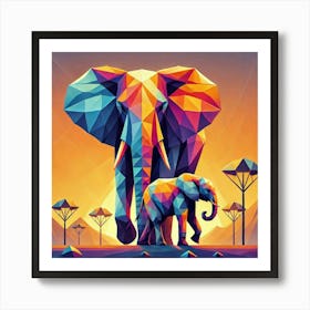 Low Poly Elephants At Sunset Art Print