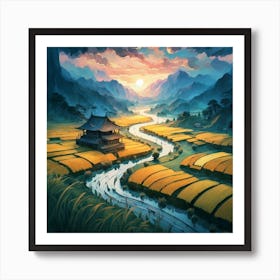 Beautiful views of rice fields, close to the river and surrounded by mountains, 14 Art Print