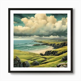 Stormy And Rainy Ireland Retro Landscape Beach And Co 2 Art Print