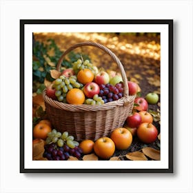 A Wicker Basket Filled With An Abundance Of Ripe Fruits Like Apples, Oranges And Grapes Arranged Neatly On The Ground Surrounded By Leaves 3 Art Print