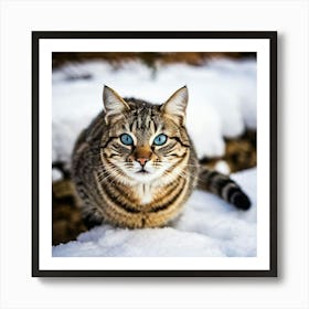 Blue Eye Cat In The Snow Art Print