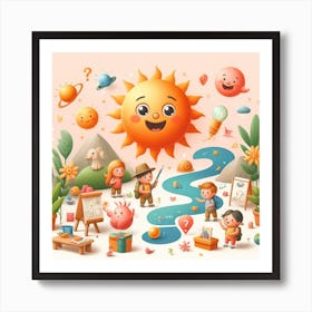 Cartoon Sun With Children Art Print