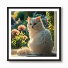 White Cat Sitting On Window Sill 1 Art Print