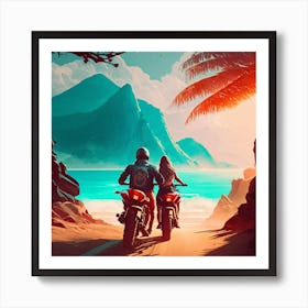 Two People Riding Motorcycles On The Beach Art Print