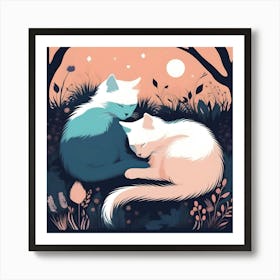 Cats Sleeping In The Garden At Night, Peach With Turquoise Art Print