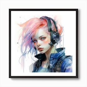 Cyborg Girl Watercolour & Ink Painting Art Print