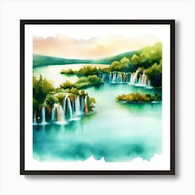 Watercolor Of Plitvice Lakes, Waterfalls 2 Art Print