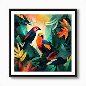 Colorful Parrots In The Jungle Art Print