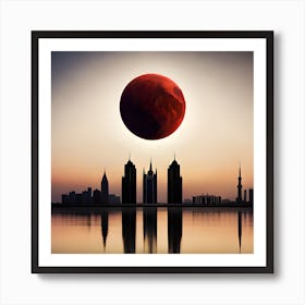 Blood Moon Over Dubai, Orange Moon, City Skyline at night, Red Moon,Exotic Illustration, Digital Art Print Art Print