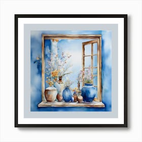 Blue wall. Open window. From inside an old-style room. Silver in the middle. There are several small pottery jars next to the window. There are flowers in the jars Spring oil colors. Wall painting.2 Art Print