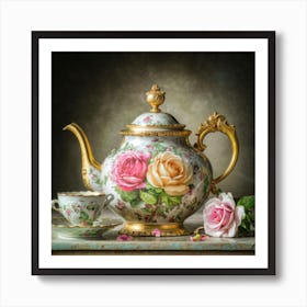 A very finely detailed Victorian style teapot with flowers, plants and roses in the center with a tea cup 9 Art Print