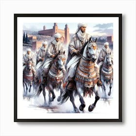 Moroccan Riders Of Old Dynasty On Decorated Horses Color Drawing Art Print