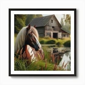 Beautiful Pinto Horse By The Pond Copy Art Print