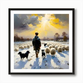 Shepherds In The Snow at Sunset Affiche