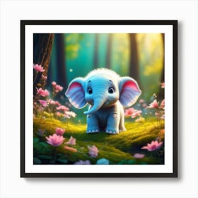 Firefly 3d, Animated, Cute, Little, Round, Turquoise, Elephant, Baby, Forest, Pink Flowers, Whimsica (3) 1 Art Print