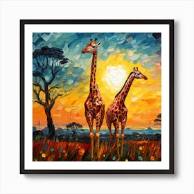 Giraffes At Sunset 46 Art Print