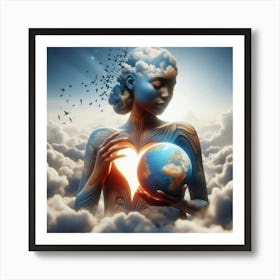 Woman With Heart Holding Earth Art Print