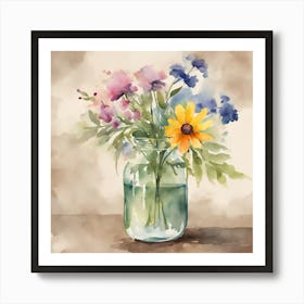 Watercolor Flowers In A Mason Jar 1 Art Print