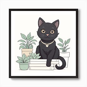 Black Cat Sitting On Books Art Print