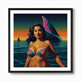 Retro Pop Young Woman with Shark 2 Art Print