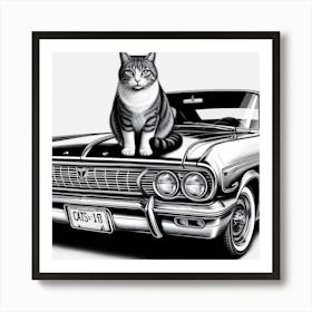 Cat and Car: A Cozy and Stylish Black and White Photograph of a Cat and a Classic Car Art Print