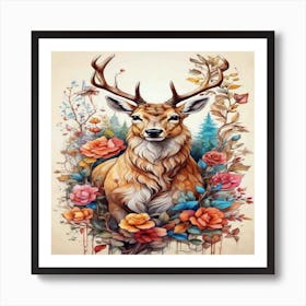 Deer With Roses Art Print