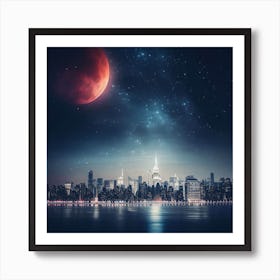 Red Moon Over New York City Art Print