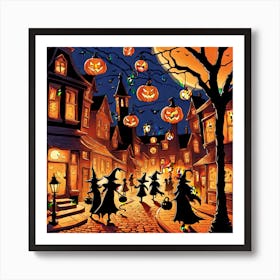 The Picture Captures A Vibrant Halloween Street Scene Adorned With Intricately Carved Jack O Lante Art Print