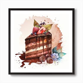 Watercolor Piece Of Cake Covered with Chocolate and fruits Art Print