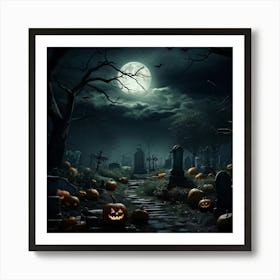 Art Landscape Pumpkin Holiday Design Halloween Fear Moon Skittish Green Grave Dark Scene (25) Art Print