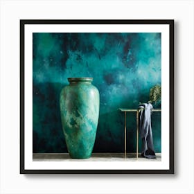 An Old Antique Vase Crafted From Green Marble Standing Majestically Against A Cool Backdrop Showc (1) Art Print