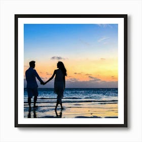 Couple Holding Hands At Sunset Art Print