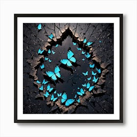 Blue Butterflies, Blue Butterflies In A Brick Wall, Butterflies Emerging From A Cracked Dark Wall Representing Transformation And Hope Art Print