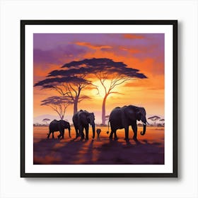 Family Of Elephants At Sunset paintings art print Art Print