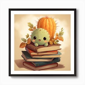 Baby Kawaii Cactus with Books & Leaves Art Print