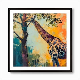 Giraffe Scratching Neck Against A Tree Brushstroke Inspired  1 Art Print
