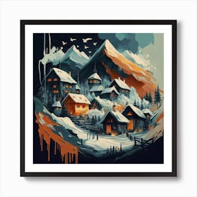 Abstract painting of a mountain village with snow falling 1 Art Print