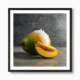 Ripe mango peeled,showing yellow flesh inside.Place on a plate topped with thick coconut milk and soft white glutinous rice. Sprinkle with small crunchy soybeans.Topped with fresh coconut milk. White,thick,sticky and there was smoke aura spred all over a large golden and white aura attacked the white and gray aura. The background is a mango tree. With yellow mangoes, fully ripe, Phu Chao, bright sunlight, 4k resolution. Art Print