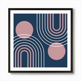 Mid Century Modern Geometric B28 In Navy Blue And Rose Gold (Rainbow And Sun Abstract) 02 Art Print