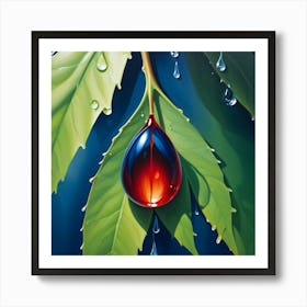 A Close Up Of A Glossy, Red And Blue Orb Resting On A Green Leaf With Water Droplets Art Print