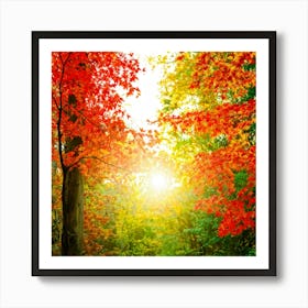 Autumn Frame Embracing Bright Foliage Maple Leaves Transitioning From Green To Vivid Shades Of Oran (5) Art Print