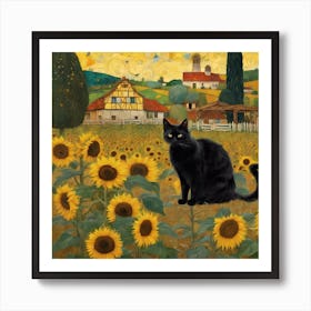 Gustav Klimt Inspired , Farm Garden With Sunflowers And A Black Cat 7 Art Print